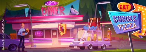 Diner exterior with cartoon eating man walking outside - gas station roadside building, glowing signs, parked cars, customer with burger. Retro style restaurant landscape for game background.