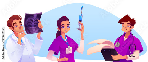 Medical staff characters - young doctor analyzing x ray scan, nurse holding syringe with treatment, physician with clipboard and stethoscope. Hospital personnel team at work for healthcare design.