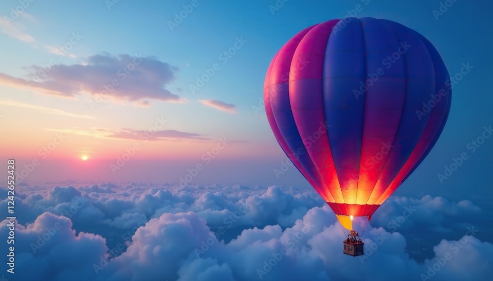 Fototapeta premium Deep indigo sky, vibrant balloon ascends softly , travel, indigo, cosmic