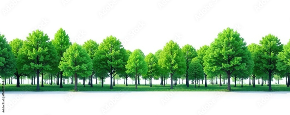 Obraz premium Dense line of emerald trees isolated on pure white , photography, bright