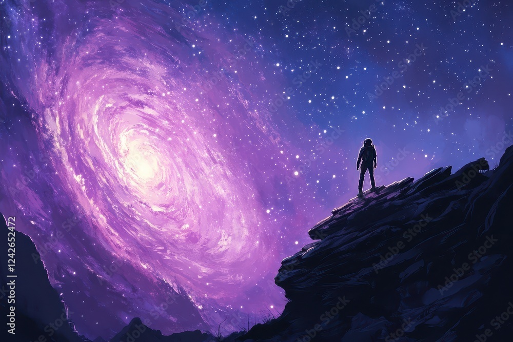 Obraz premium Astronaut Gazing at a Purple Spiral Galaxy from a Clifftop