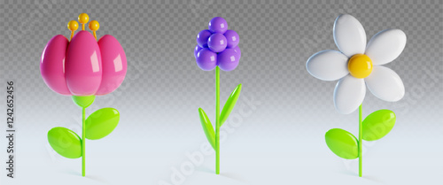 3D spring clay flowers collection - pink blossom with yellow stamens, purple spherical bloom with bright stem, white daisy with green leaves. Glossy vector botanical elements for seasonal design.