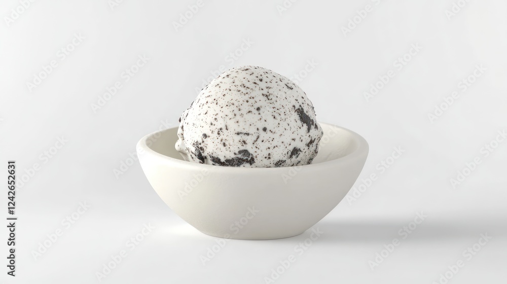 A scoop of rich cookies and cream ice cream with visible cookie chunks, served in a small white bowl, isolated on a white background A scoop of rich cookies and cream ice cream with visible cookie chunks, served in a small white bowl, isolated on a white background