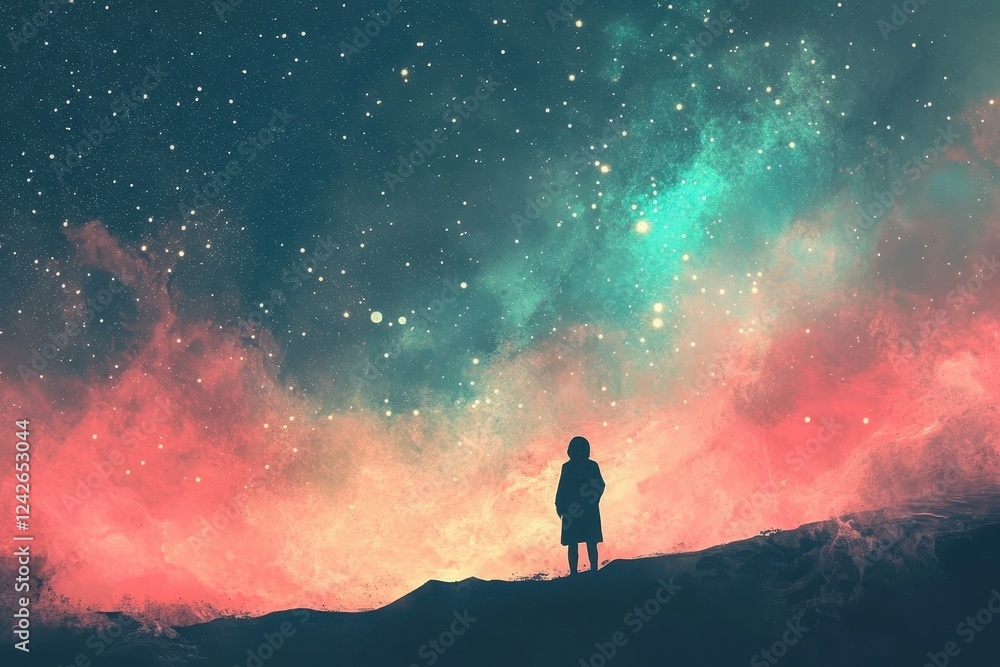 Fototapeta premium Solitary Figure Gazing at a Cosmic Colorful Sky