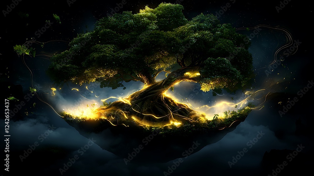 Glowing Tree of Life, Fantasy World, Magical Roots, Night Sky, Digital Art, Wallpaper Glowing Tree of Life, Fantasy World, Magical Roots, Night Sky, Digital Art, Wallpaper