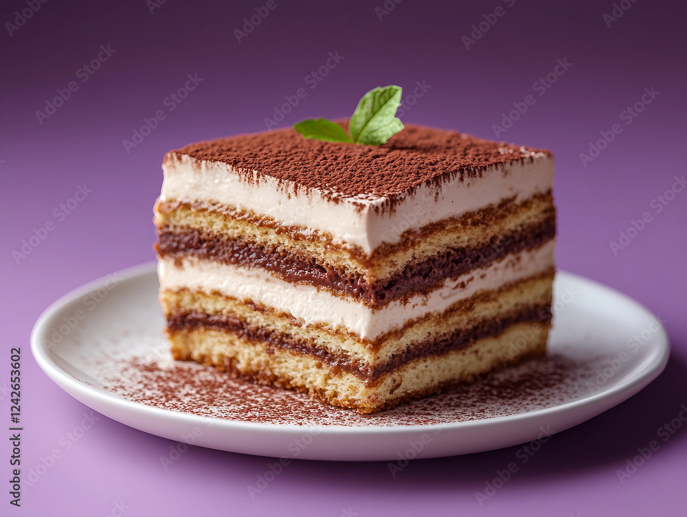 A slice of tiramisu on a glass plate on purple background. Suitable for marketing or business purposes A slice of tiramisu on a glass plate on purple background. Suitable for marketing or business purposes