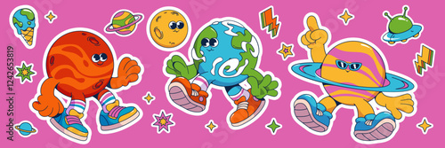 Groovy universe sticker pack - dancing planets, spinning Earth, cosmic bodies in sneakers on pink background with shining stars and lightning bolts. Space themed cartoon elements for kids decoration.