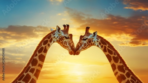 Giraffes at Sunset Romance - Two giraffes nuzzle each other at sunset, creating a romantic and heartwarming scene against a vibrant sky.