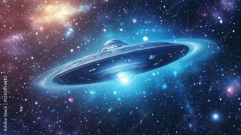 A futuristic spacecraft travels through a vibrant cosmic nebula A futuristic spacecraft travels through a vibrant cosmic nebula