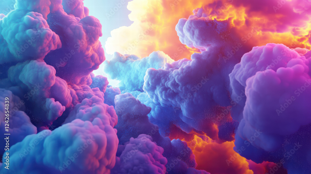 Fototapeta premium Vibrant clouds in shades of purple, blue, and orange create surreal atmosphere, evoking sense of wonder and imagination in virtual universe