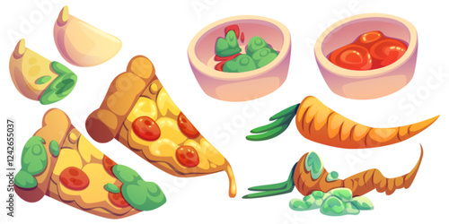 Fresh and rotten food comparison with moldy pizza slices, spoiled carrot, sauce in ceramic bowls and garlic clove. Good and decomposed items showing waste stages for educational kitchen safety design.