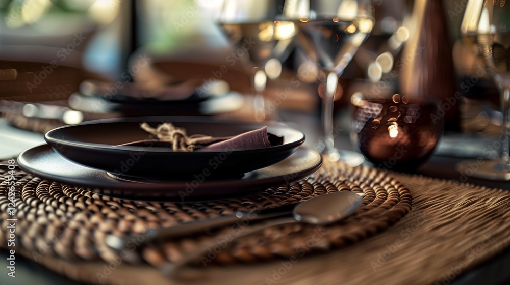 Obraz premium A close-up shot of a woven placemat on a dining table, with a plate, cutlery, and a glass of wine placed elegantly on top, capturing intricate textures and soft lighting.