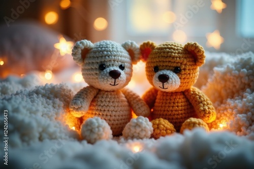 Wallpaper Mural Two adorable knitted teddy bears nestled amongst star-shaped lights in a child's room , room decor, plush toy Torontodigital.ca