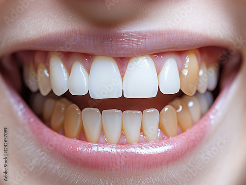 close up of woman teeth showcasing bright white smile contrasted with discolored teeth, highlighting dental health and aesthetics photo