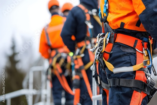 Industrial Workers Safety Harness Teamwork  Construction Site