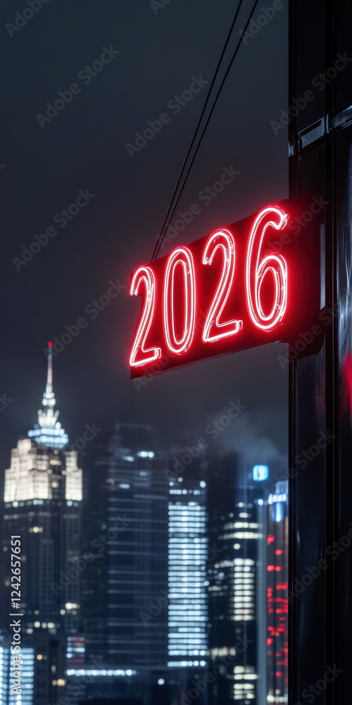 Neon 2026 Sign with Futuristic Urban Skyline at Night Neon 2026 Sign with Futuristic Urban Skyline at Night