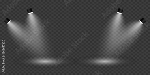Stage lighting effect, light spotlights. On a transparent background.