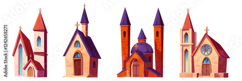 Church building cartoon collection of Catholic chapels with stained glass windows, tall towers, crosses and architectural details. Medieval religious structures with wooden doors and bell towers.