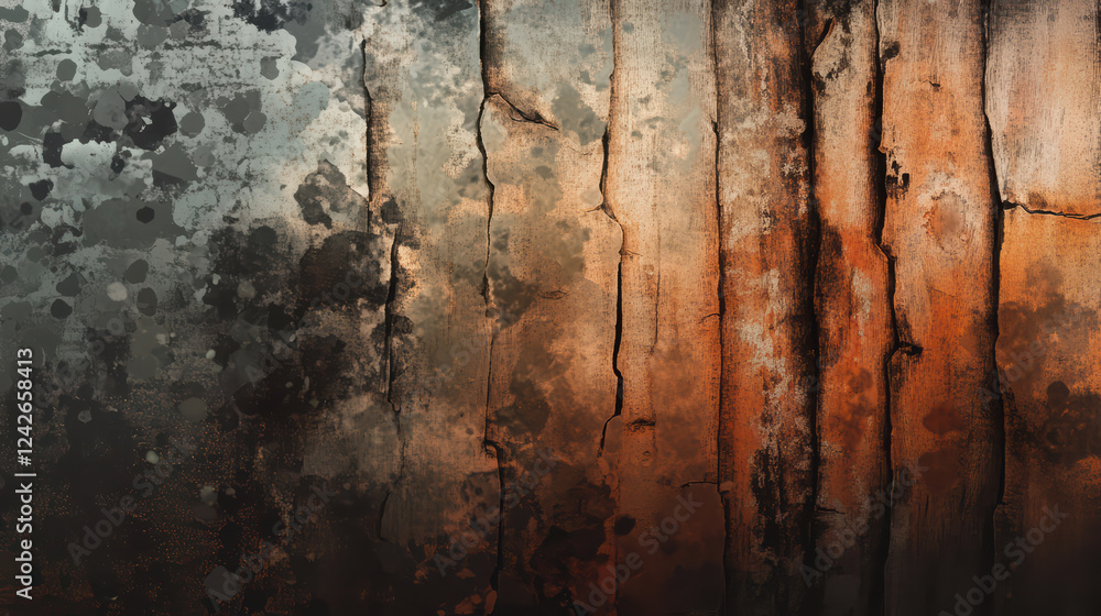 Obraz premium Artistic bark design with blurred forest background, showcasing textured wood patterns and earthy tones. interplay of light and shadow creates captivating visual experience