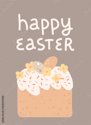 Cute Easter greeting card template.  Happy Easter. Easter cake decorated with flowers and eggs on grey background. Vector illustration