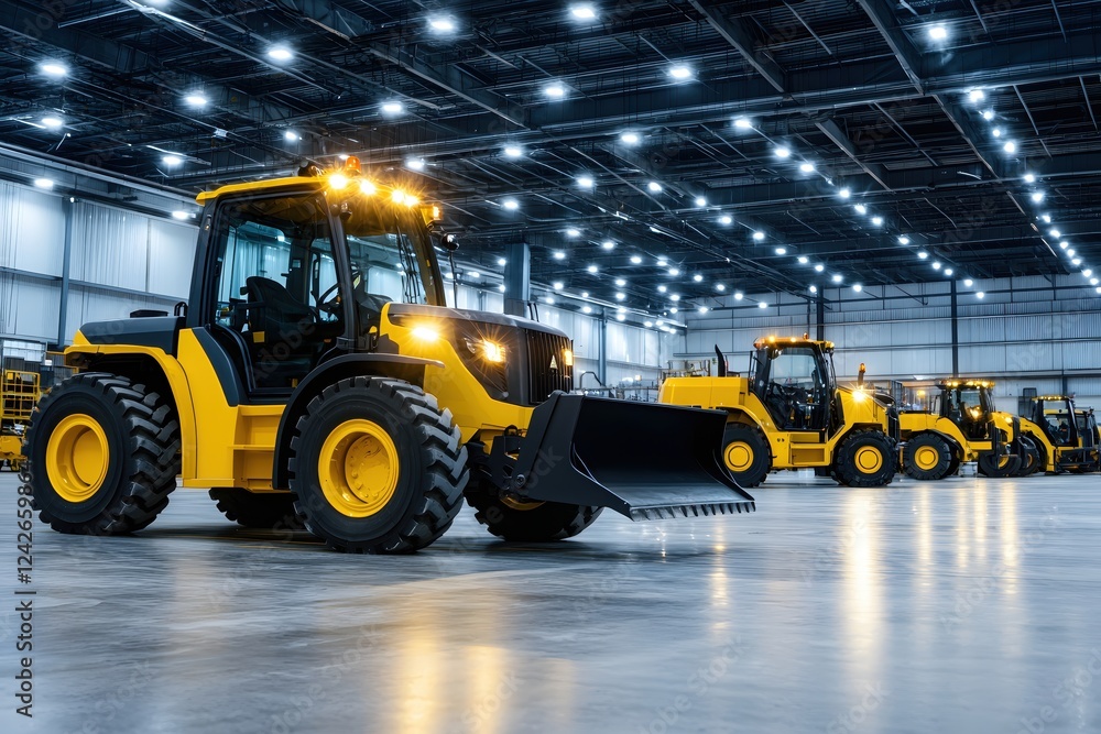 Powerful Yellow Tractors in Modern Warehouse Setting Powerful Yellow Tractors in Modern Warehouse Setting