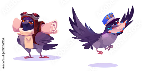 Mail pigeons set isolated on white background. Vector cartoon illustration of cute doves carrying letters in bag and beak, wearing mailman uniform, symbol of messenger, post service, message delivery