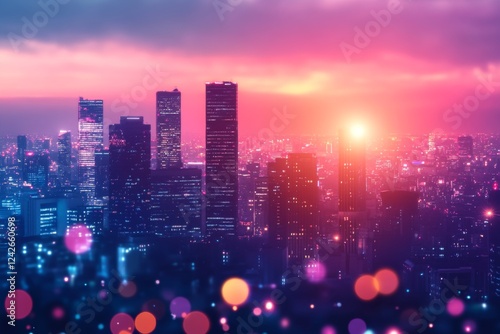 Vibrant cityscape at dusk with glowing skyscrapers