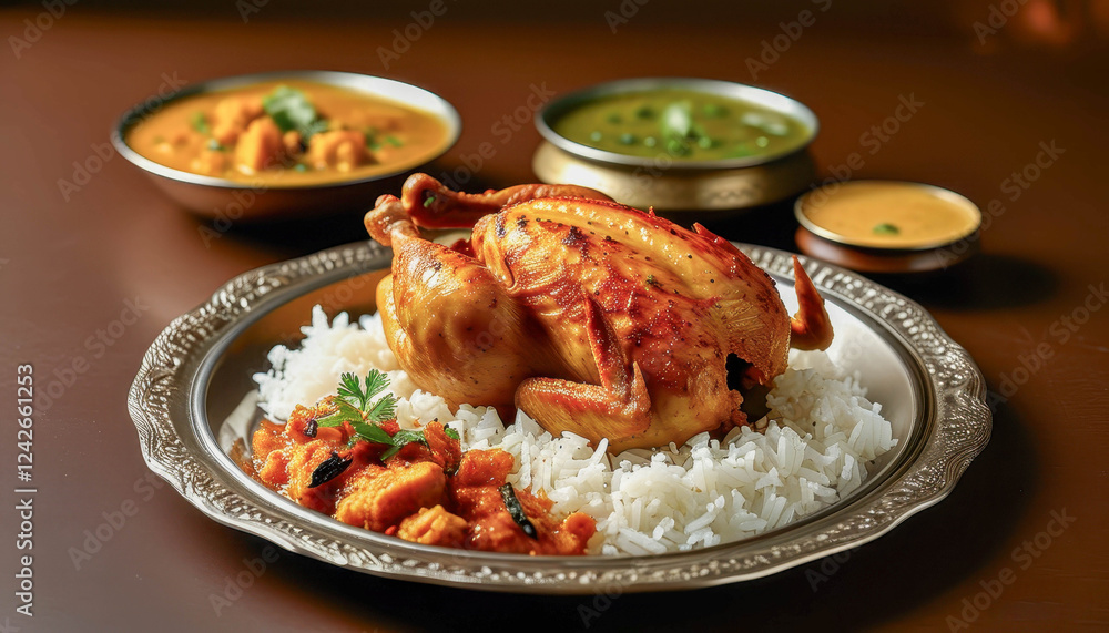 A whole baked chicken with a crispy golden crust lying on a bed of fragrant white rice. The dish is served on a beautiful metal plate with an exquisite pattern. A whole baked chicken with a crispy golden crust lying on a bed of fragrant white rice. The dish is served on a beautiful metal plate with an exquisite pattern.