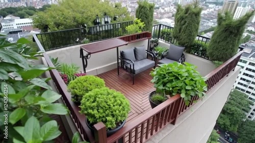 A balcony transformed into a sky garden with lush greenery, wooden decking, and a seating area overlooking the city.