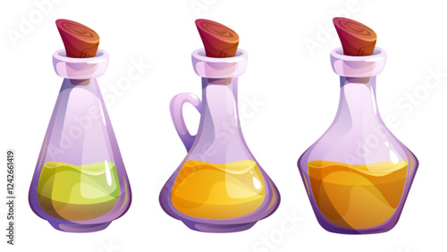 Oil bottle set with colorful liquid substances - transparent glass vessels containing olive green, yellow, brown essences, cork stoppers, handle element. Cartoon kitchen containers for cooking.