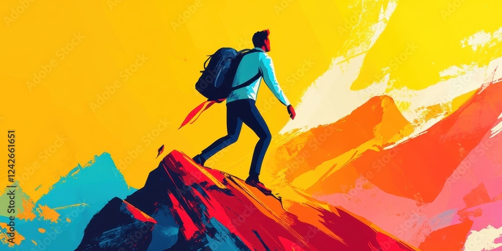 Naklejka premium A Backpacker Ascends a Vibrant Mountain Range