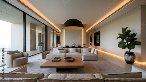 Modern minimalist living room interior with cozy sectional sofa and warm ambient lighting