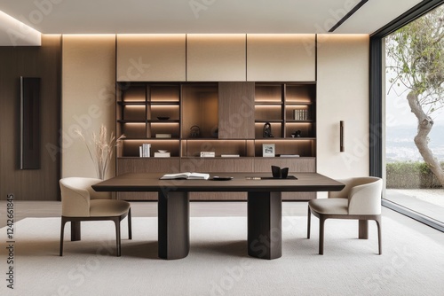 Wallpaper Mural Modern office, wooden table, chairs, minimalist design, hillside view, workspace Torontodigital.ca