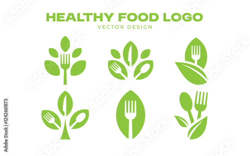 set of healthy food logo design with fork spoon and leaf elements
