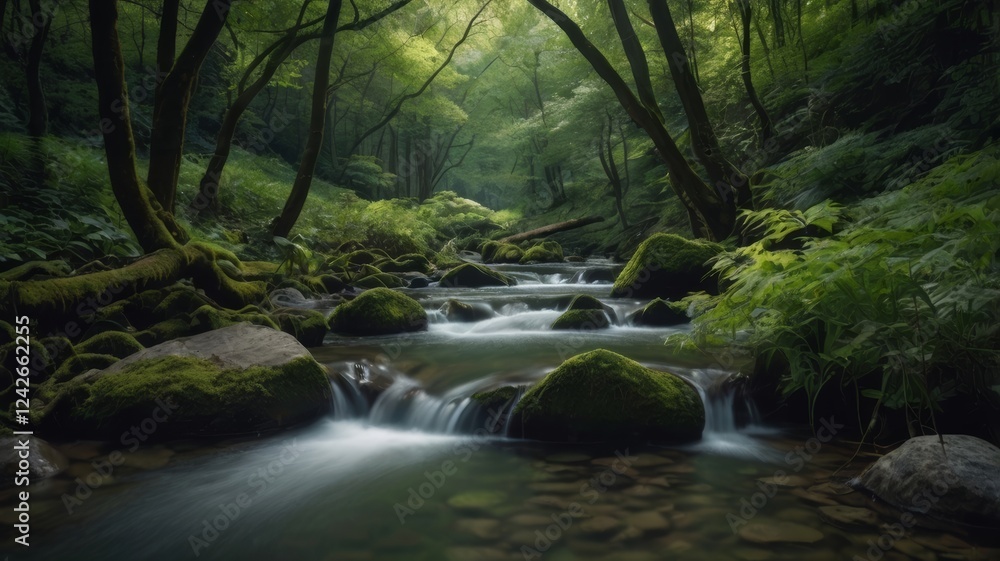 Fototapeta premium Serene Forest Stream: Mossy Rocks and Verdant Canopy