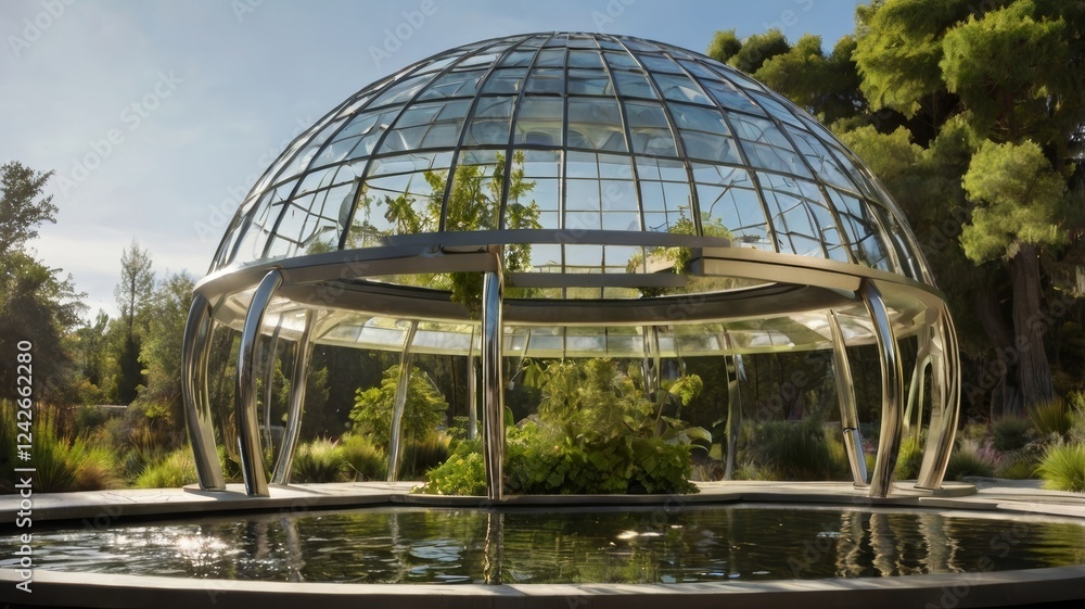 Fototapeta premium Modern Glass Dome Greenhouse Reflecting in Tranquil Pond