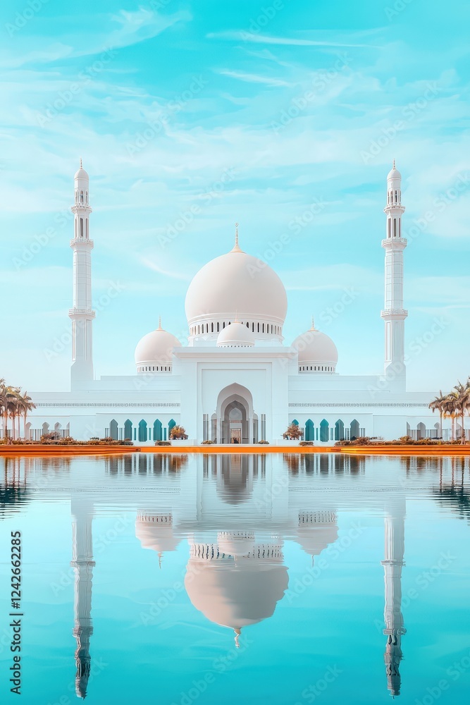 Naklejka premium Majestic Mosque Surrounded by Serene Water Reflection