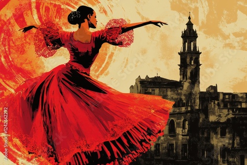 Flamenco Dancer in Red Dress Against Cityscape Background