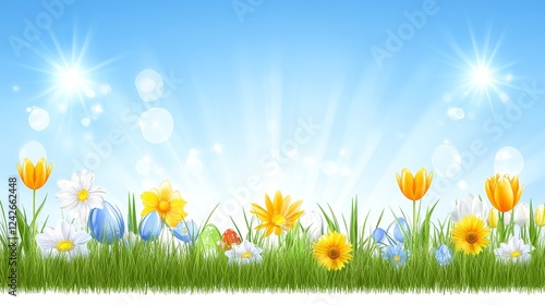 Springtime Easter Scene with Flowers and Eggs