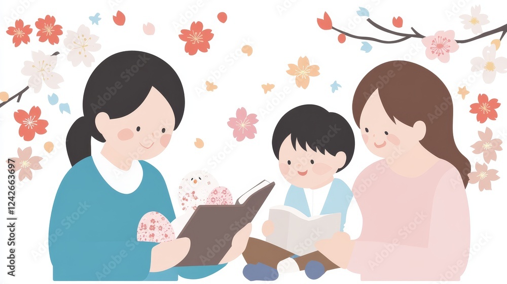 Fototapeta premium Springtime Story Time Mothers and Child Reading Together