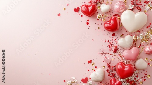 Valentine mockup card and heart background minimal. Elegant Display of Hearts and Confetti in a Gentle Romantic Valentine s Day Celebration Layout.