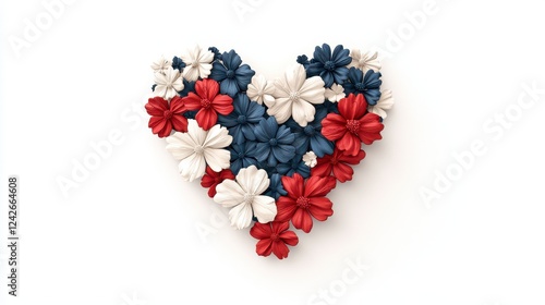 Heart Shaped Floral Arrangement Red White Blue Flowers on White Background