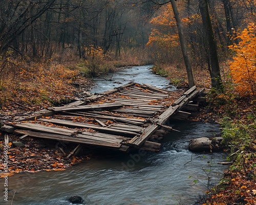A damaged wooden bridge with splintered planks partially collapsed over a serene forest stream surrounded by autumn foliage