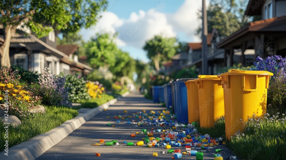 Vibrant Neighborhood Scene with Garbage Cans Alongside a Littered Pathway on a Sunny Day in a Suburban Area Vibrant Neighborhood Scene with Garbage Cans Alongside a Littered Pathway on a Sunny Day in a Suburban Area