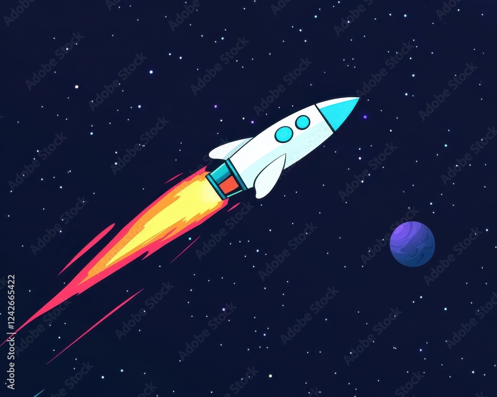 Retro Rocket Ship Launching Into Outer Space with Colorful Flames