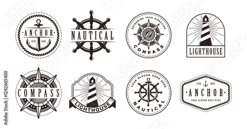 Set of Marine Nautical logo vector on white background, Anchor, Steering, Lighthouse