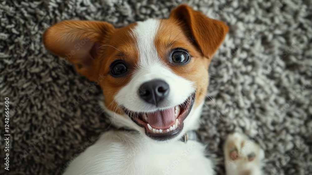 Happy Puppy Cuddling on Soft Rug with Contented Expression Happy Puppy Cuddling on Soft Rug with Contented Expression