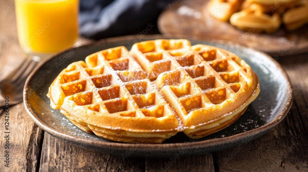 Freshly Made Waffles Served on a Rustic Breakfast Table Freshly Made Waffles Served on a Rustic Breakfast Table