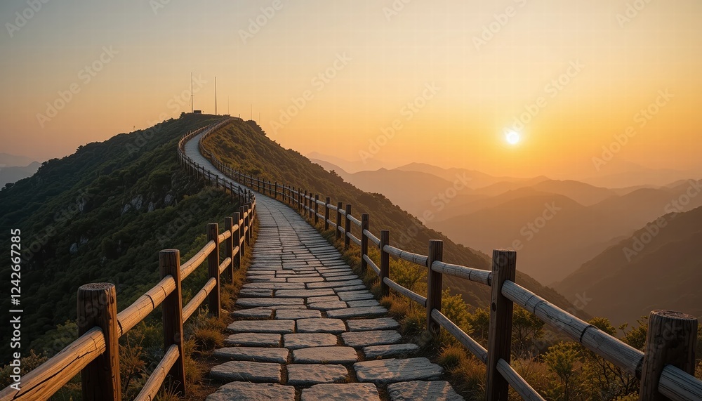 Fototapeta premium Sunset over a mountain landscape with a scenic rural path