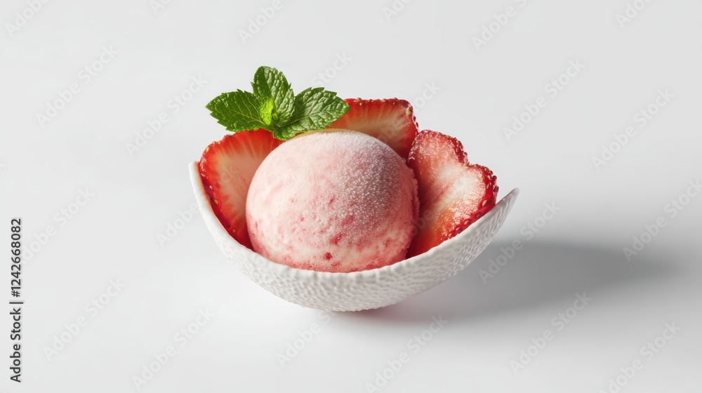 A vibrant strawberry ice cream scoop with fresh sliced strawberries and a mint leaf garnish, displayed from a close-up A vibrant strawberry ice cream scoop with fresh sliced strawberries and a mint leaf garnish, displayed from a close-up